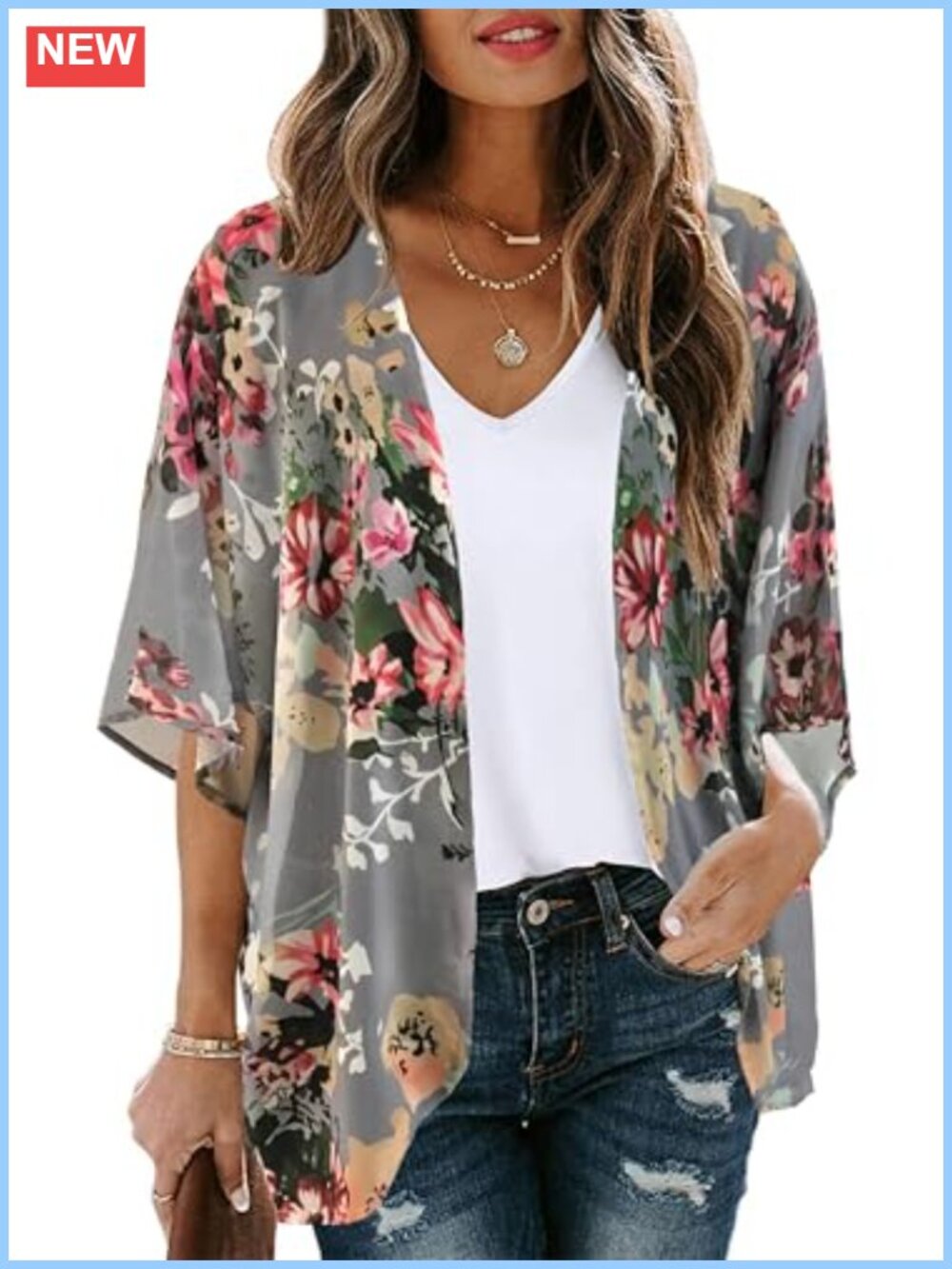 Chiffon Floral Kimono Cardigan Beach Cover Up Open Front Puff Sleeve Summer Top